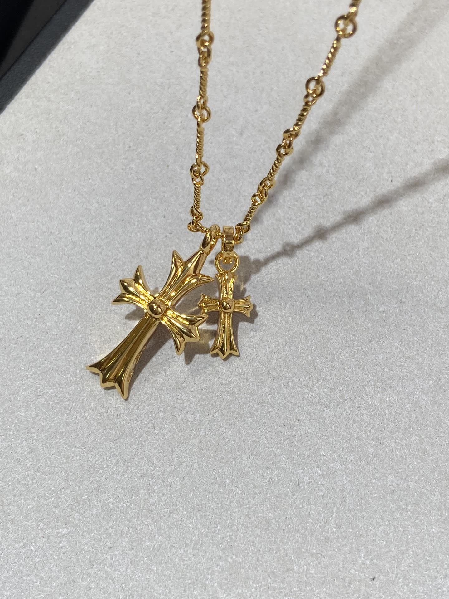 Chrome Hearts Gold Cross Pendant Necklace with Pink Stones